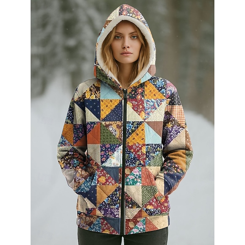 Women's Winter Coat Warm Zipper Pocket Print Fashion Casual Floral Street Casual Short Hooded Regular Fit Long Sleeve Outerwear Blue Purple Orange Spring Fall