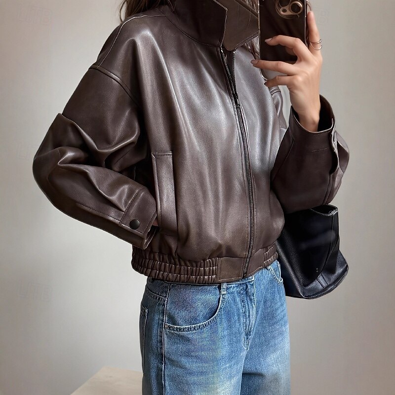 Women's Faux Leather Jacket Warm Comfortable Zipper Pocket Casual Plain Vacation Daily Wear Going out Weekend Regular Turndown Regular Fit Long Sleeve Outerwear Brown Fall Winter