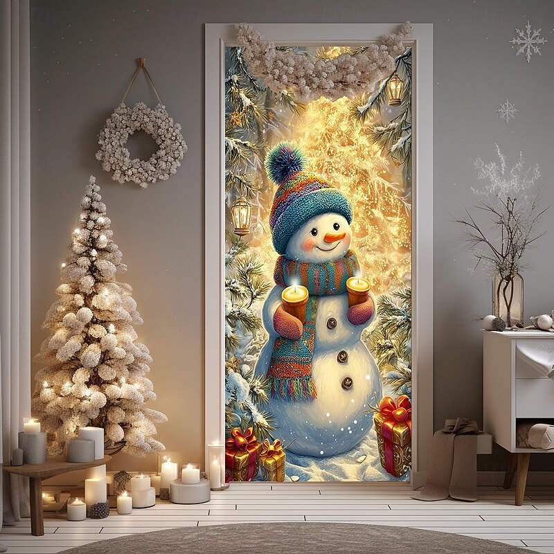 Christmas Door Cover, Cute Snowman with Winter Forest Background, Door Curtain for 2025 Xmas Holiday Party, Indoor Outdoor Festive Entrance Home Decoration4