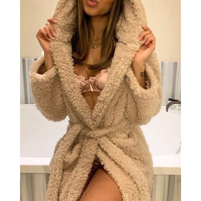 Women's Pajamas Robe Fashion Casual Pure Color Lace Vacation Home Bed Long Sleeve Hoodie Pink Khaki Fall Winter Tailored Fit2