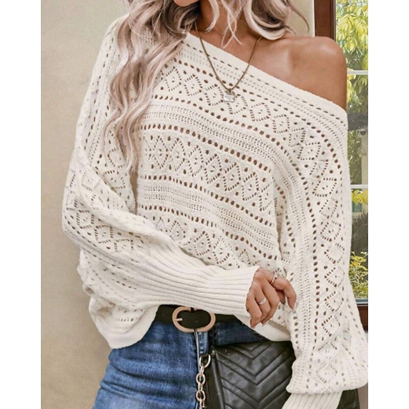 Women's Sweater Pullover Streetwear Casual Solid Color Off Shoulder Hollow Out Knitted Batwing Sleeve Long Sleeve Regular Tops Knit Daily Going out Weekend Beige Fall Winter4