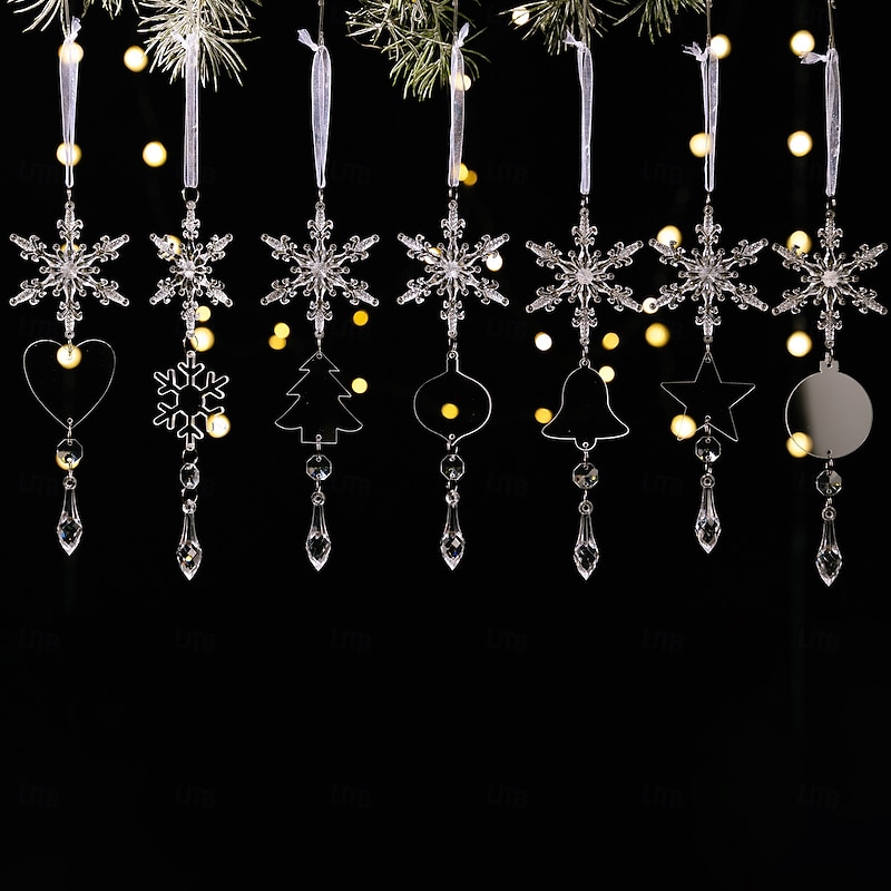 7pcs Christmas Crystal Icicle Ornaments Clear Acrylic Hanging Decorations for Christmas Tree, DIY Transparent Ice Stick & Snowflake Holiday Decor2