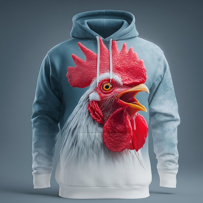 Men's Optical Illusion Rooster Hoodie Sweatshirt Fashion Cool Crew Neck Home Party Streetwear White Red Drawstring Fall Winter Designer2