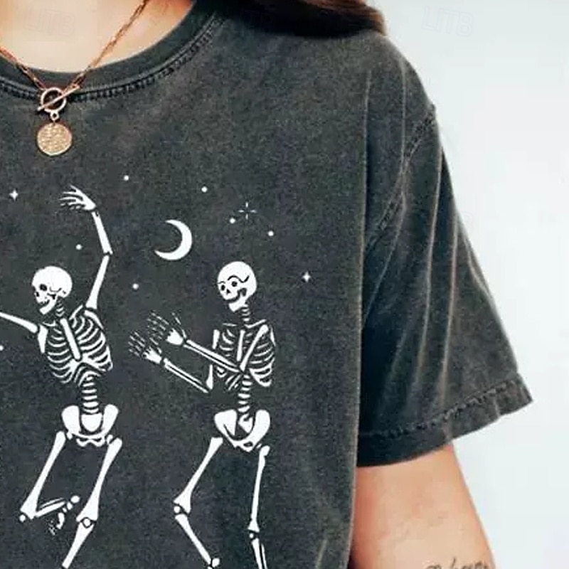 Halloween Women's T Shirt Tee Top Graphic Skull Elegant Vintage Fashion Short Sleeve Crew Neck Round Neck Regular Tops Daily Weekend Patchwork Gray Spring Fall3