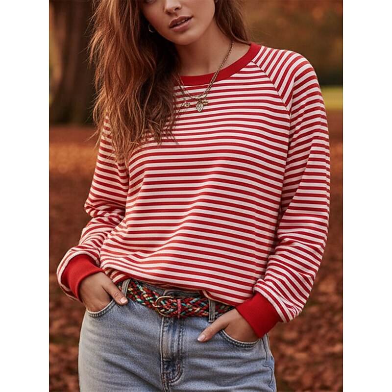 Women's Pullover Sweatshirts Striped Fashion Streetwear Classic Long Sleeve Crew Neck Round Neck Regular Tops Dailywear Casual Print Red Spring Fall