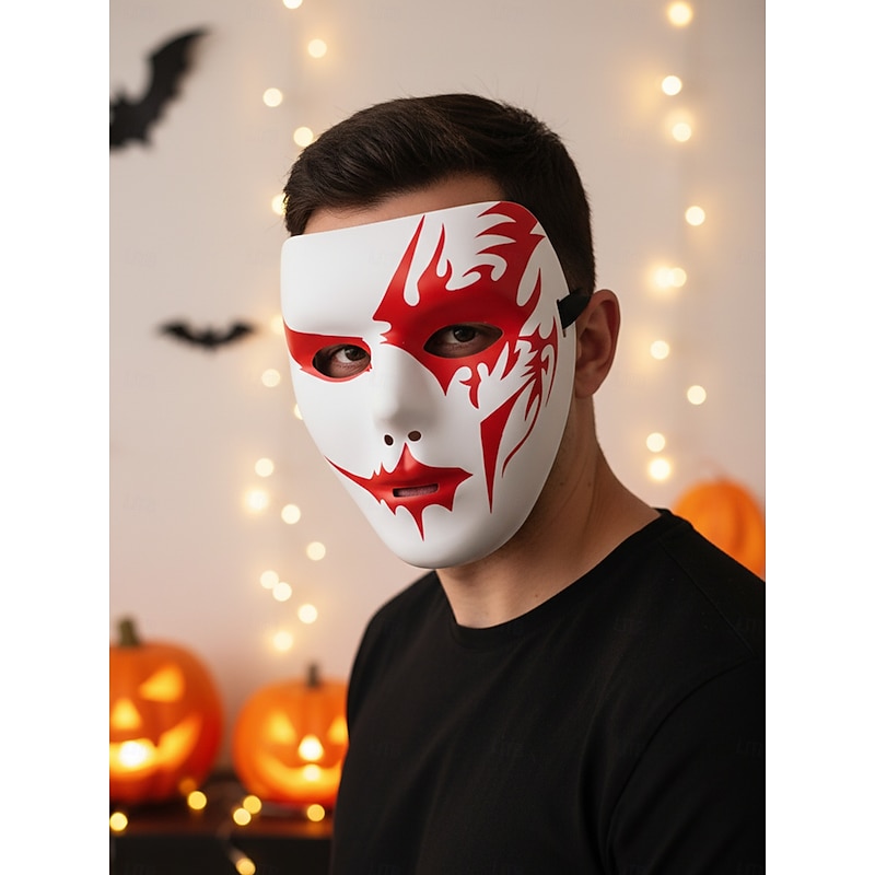 Men's Halloween Half Face Mask - Black and White Phantom Costume Accessory with Red Flame Design for Party and Cosplay3