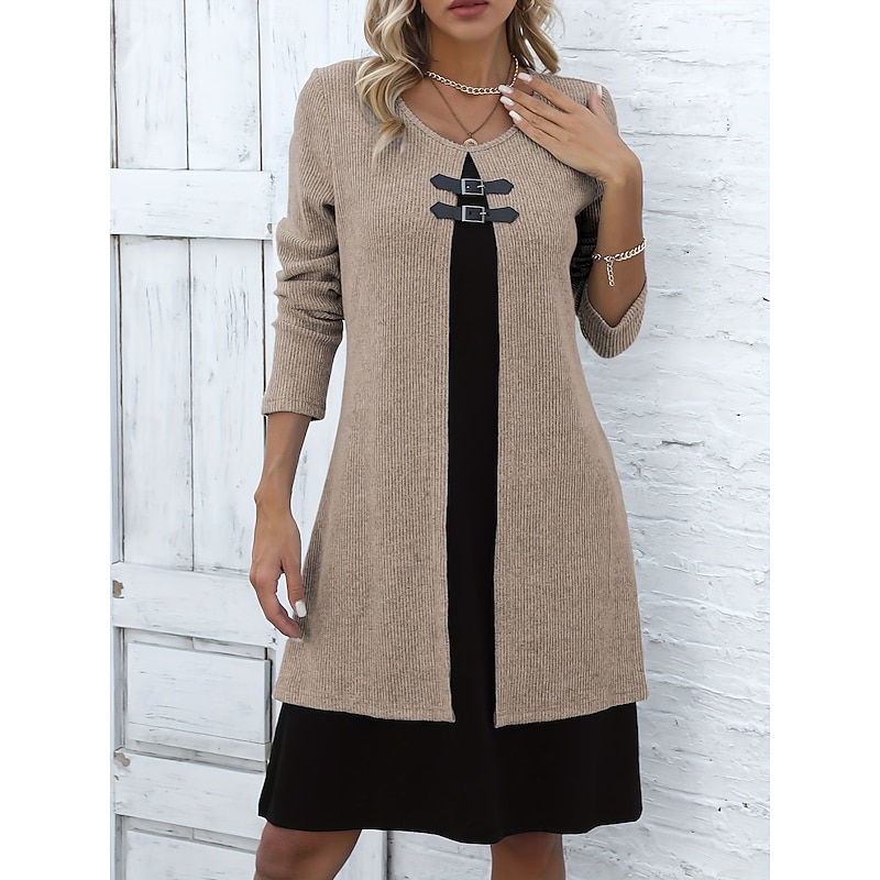 Women's Knee Length Dress A Line Dress Elegant Vacation Casual Regular Fit Solid Color Long Sleeve Crew Neck Yellow Pink Blue Green Fall Winter3