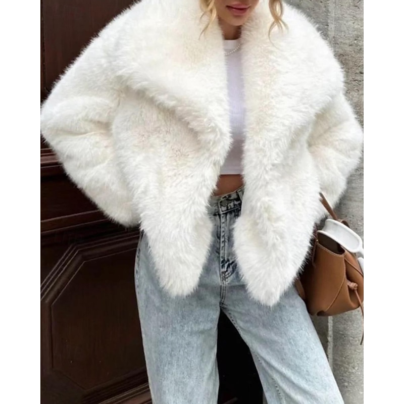 Women's Faux Fur Coat Warm Comfortable Furs & Leathers Casual Plain Street Holiday Going out Weekend Regular Turndown Regular Fit Long Sleeve Outerwear White Fall Winter2