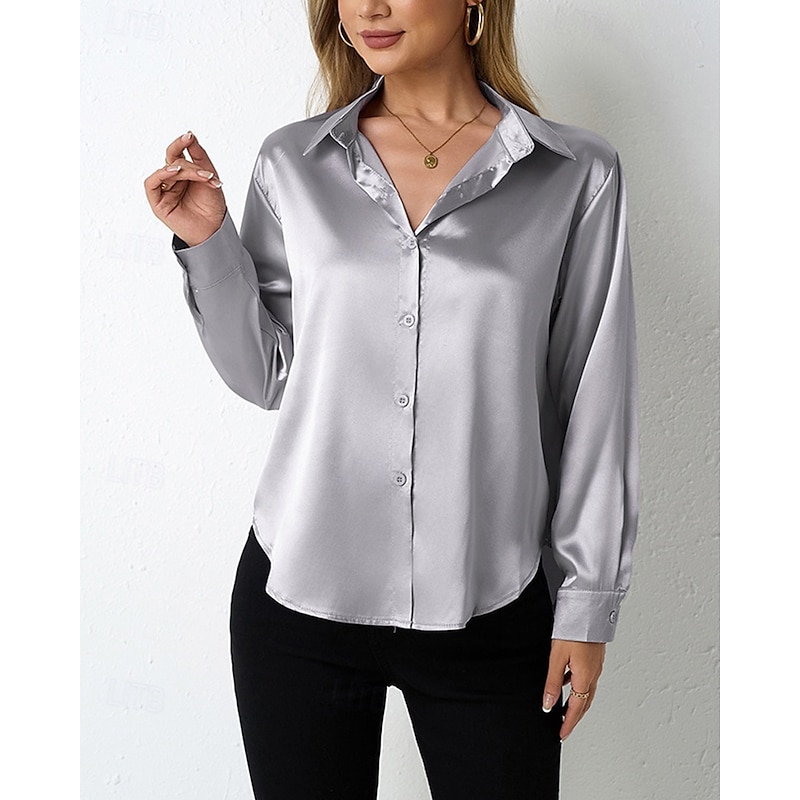 Women's Shirt Elegant Dressy Satin Solid Color Vintage Tropical Stylish Long Sleeve V Neck Shirt Collar Regular Tops Daily Going out Buttons Black Camel Brown Dark Gray Gray Spring Fall
