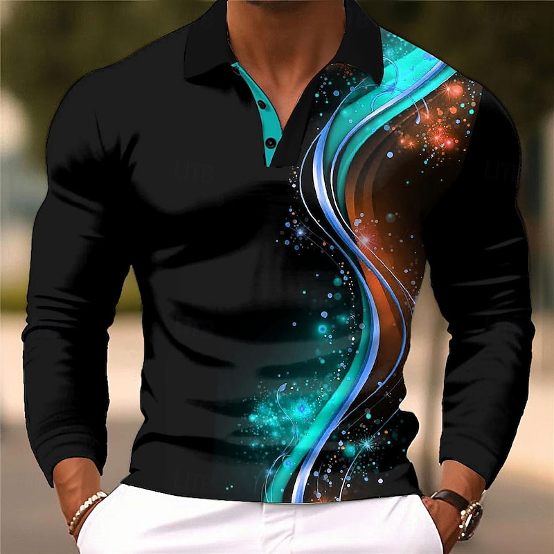 Men's Abstract Geometic Polo Long Sleeve Polo Shirts Collared Shirts Business Casual Business Athleisure Daily Wear 3D Print Buttons Spring Fall Winter Red Blue Green2