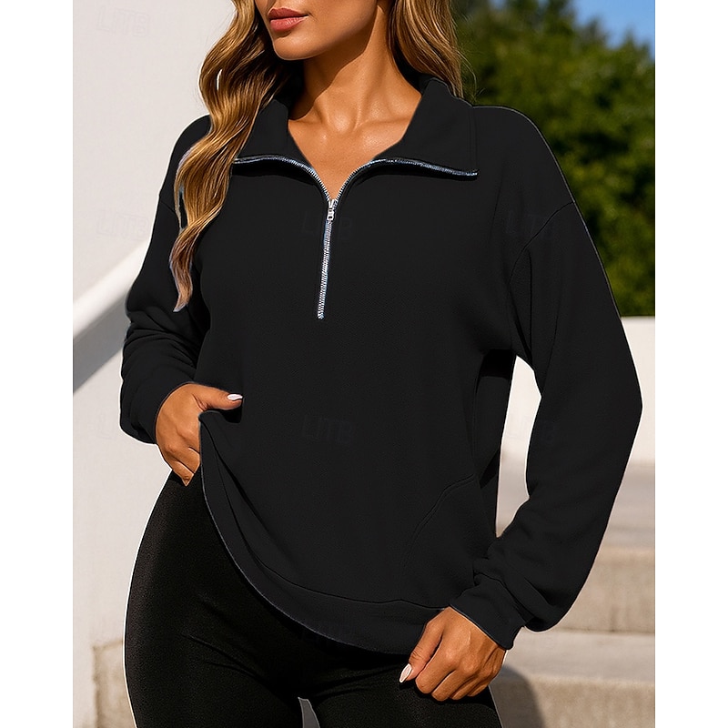 Women's Zip Up Sweatshirt Pullover Sweatshirt Long Sleeve Top Athleisure Fall Solid Colored Outdoor Travel Sports Sportswear Activewear Black White Pink4