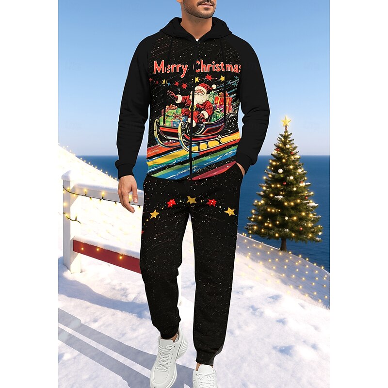 Christmas Men's Hoodie Tracksuit Zip Hoodie Drawstring Pockets Pants Hoodie Sweatshirt Fall Red / black Black / Orange Gym Workout Casual Basketball Baggy Long Sleeve Sport Activewear Stretchy