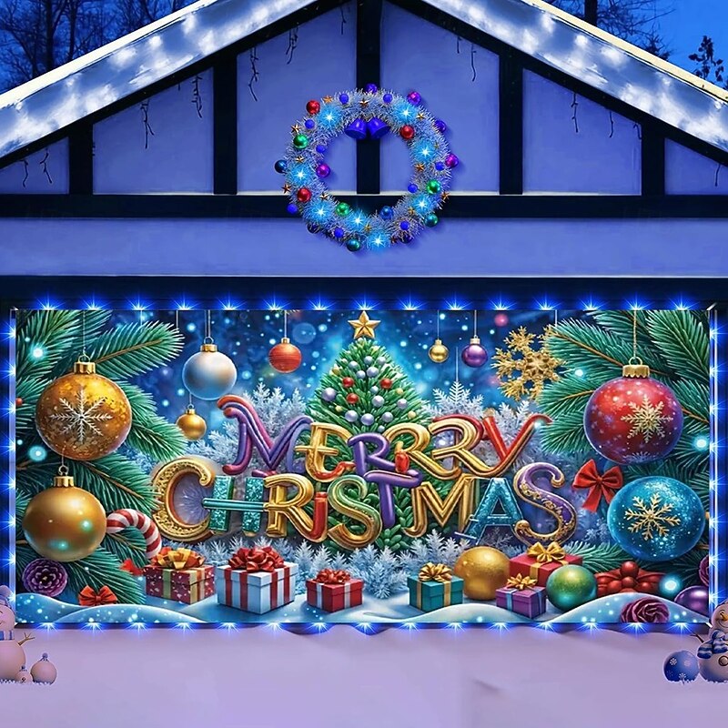 Christmas Garage Door Cover 2025 Xmas Ornaments Baubles and Snowflakes Merry Christmas Banner, Holiday Outdoor Garage Backdrop for Yard Party Decoration2