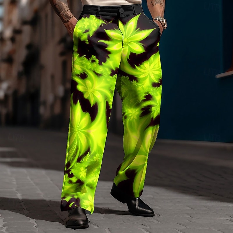 Men's Maple Leaf Dress Pants Trousers Suit Pants Mid Waist Casual Dailywear Holiday Relaxed Fit Flat Front Dress Pants with Side Pockets Spring Fall 3D Print Black / Green Black / Red Black / Orange4