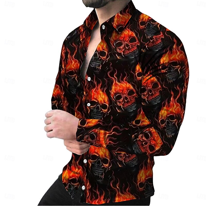 Halloween Men's Skulls Shirt Summer Shirt Beach Shirt Long Sleeve Hawaiian Casual Horror Vacation Street Hawaiian Spring &  Fall Lapel Print Light Yellow Orange red Black Pink Red3