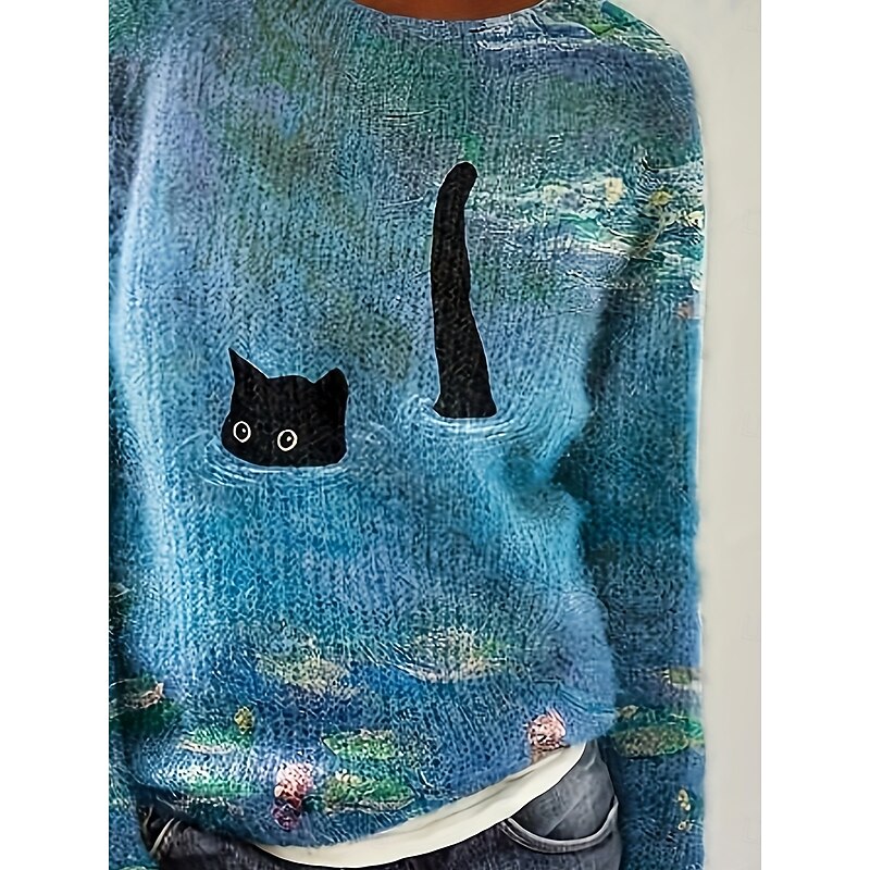 Women's Sweater Pullover Daily Casual Graphic Animal Color Gradient Ribbed Crew Neck Knitted Print Long Sleeve Regular Tops Knit Outdoor Weekend Blue Fall Winter3