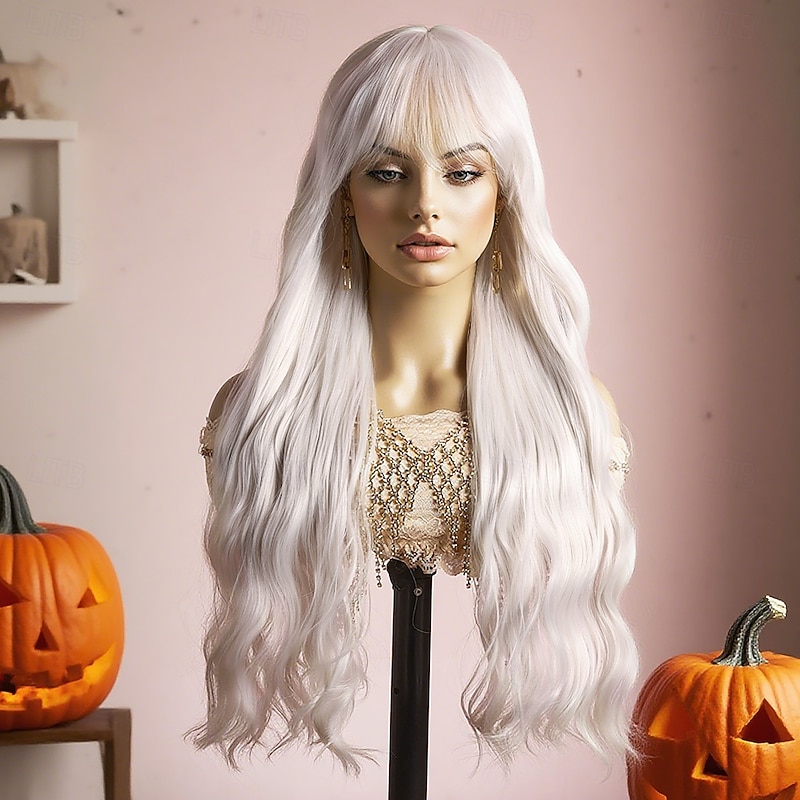 Synthetic Wig Body Wave Wavy Middle Part Neat Bang Wig 26 inch White Synthetic Hair 26 inch Women's Soft Comfy White2