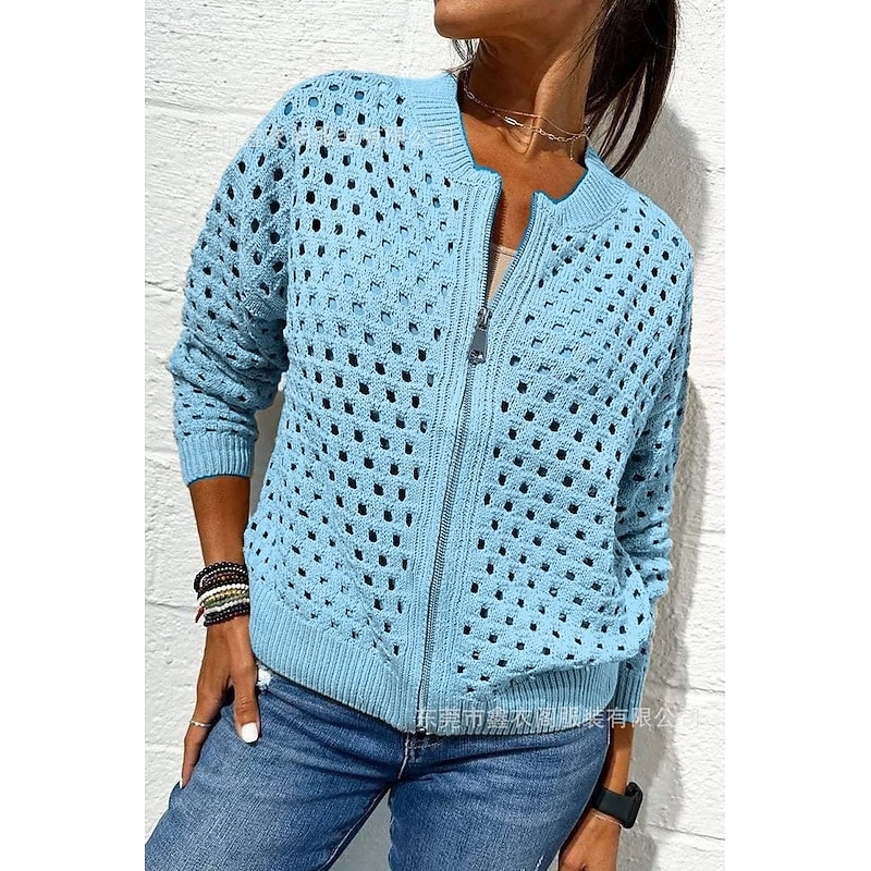 Women's Sweater Cardigan Elegant Fashion Streetwear Solid Color Crew Neck Hollow Out Zipper Knitted Long Sleeve Regular Tops Knit Outdoor Daily Weekend Black Pink Spring Fall4