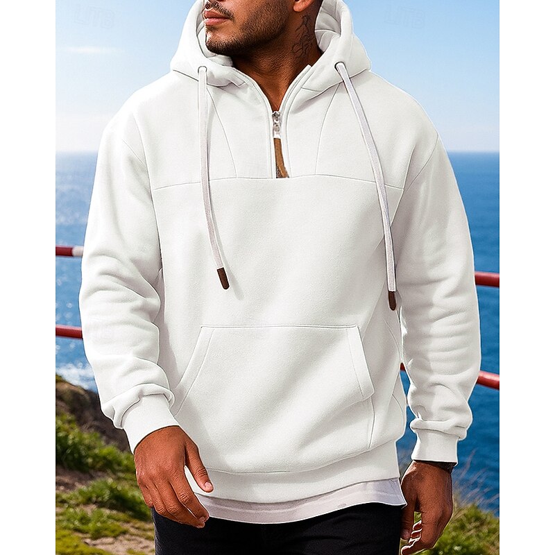 Men's Hoodie Sweatshirt Pullover Sweatshirt Baggy with Pockets Long Sleeve Top Athleisure Solid Colored Windproof Warm Hiking Travel Vacation Sportswear Activewear Black White Red4