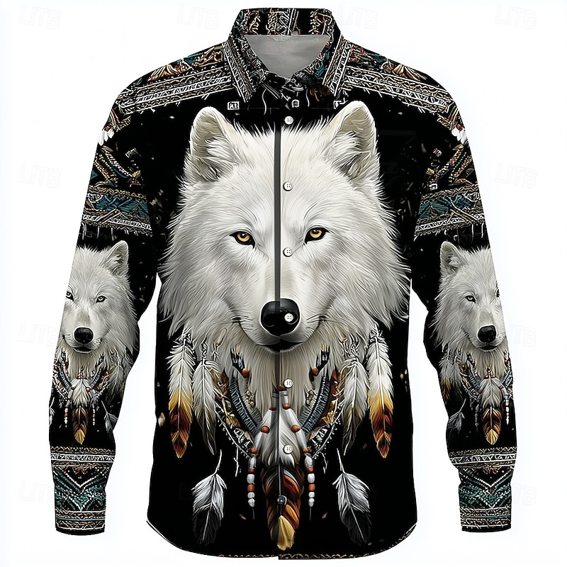 Men's Wolf Dream Catcher Ethnic Shirt Button Up Shirt Long Sleeve Vintage Retro Outdoor Camping & Hiking Hunting Spring Fall Turndown 3D Print Collared Shirts Black 1 Black Black 2