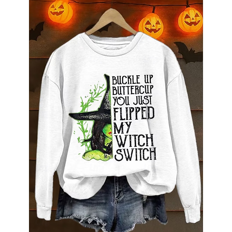 Women's Pullover Graphic Witch Casual Long Sleeve Crew Neck Regular Tops Street Dailywear Casual Print Black White Orange Green Fall Winter4