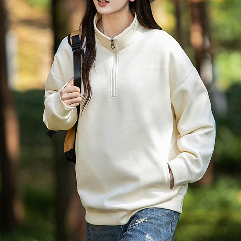 Women's Pullover Sweatshirts Zip Up Sweatshirts Plain Sports Fashion Casual Long Sleeve High Neck Regular Tops Street Dailywear Going out Half Zipper Quarter Zipper Zipper Beige Fall Winter