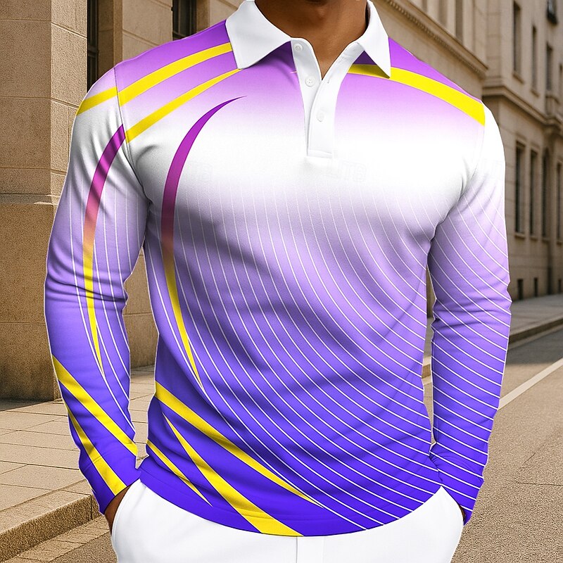 Men's Geometic Line Polo Long Sleeve Polo Shirts Lapel Casual Athleisure Daily Wear 3D Print Buttons Spring Fall Winter Blue Purple Green3