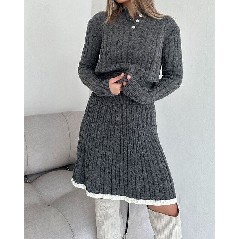 Women's Active Fashion Blouse Sweater Skirt Sets Long Sleeve Shirt Collar Color Block Patchwork Vacation Holiday Black White Gray Fall Regular Fit4