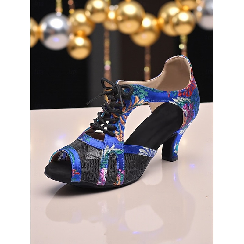 Women's Lace-Up Latin Dance Shoes with Embroidered Mesh Design - Professional Ballroom Heels for Performance and Party Wear4