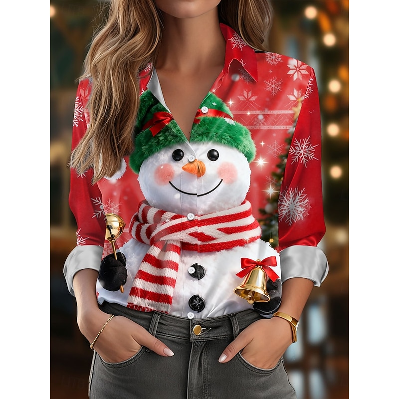 Christmas Women's Shirt Graphic Snowman Elegant Vintage Stylish Long Sleeve Shirt Collar Regular Tops Work Daily Holiday Yellow Red Blue Fall Winter2
