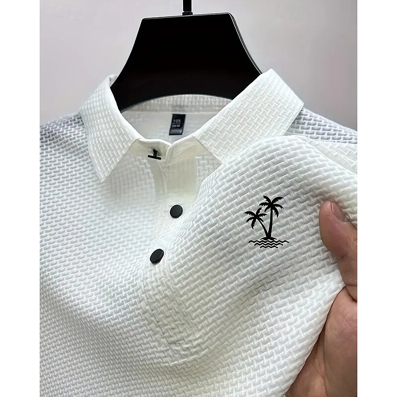 Men's Golf Shirt Golf Polos Shirts Work Casual Lapel Short Sleeve Basic Modern Coconut Tree Jacquard Buttons Summer Regular Fit White Navy Blue Blue Light Grey Golf Shirt