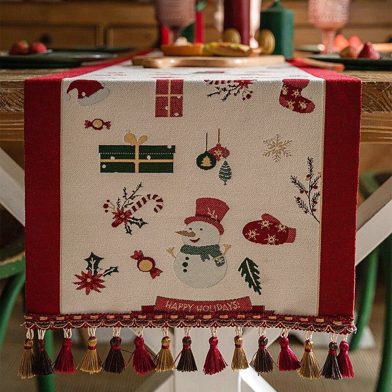 Christmas Style Thickened Cotton Linen Table Runner, American Holiday Long Rectangular Tablecloth for Dining Table, Coffee Table, TV Cabinet Cover3