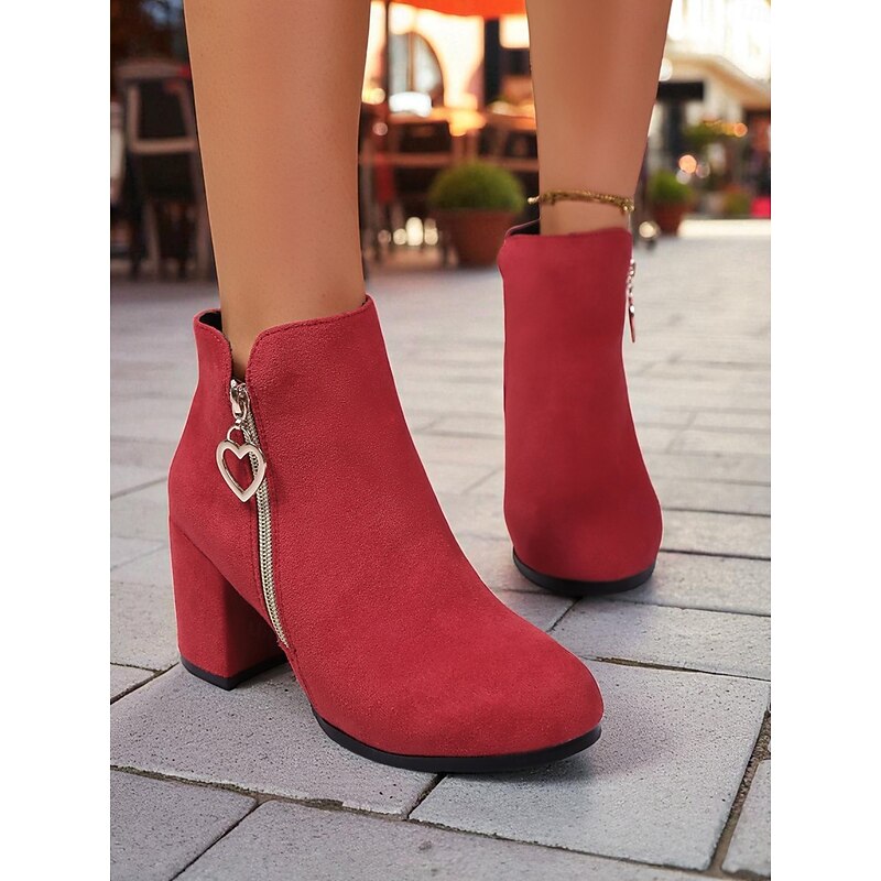 Women's Red Heart Charm Block Heel Ankle Boots - Faux Suede Zip-Up Booties for Christmas, Date Nights & Casual Daily Wear2