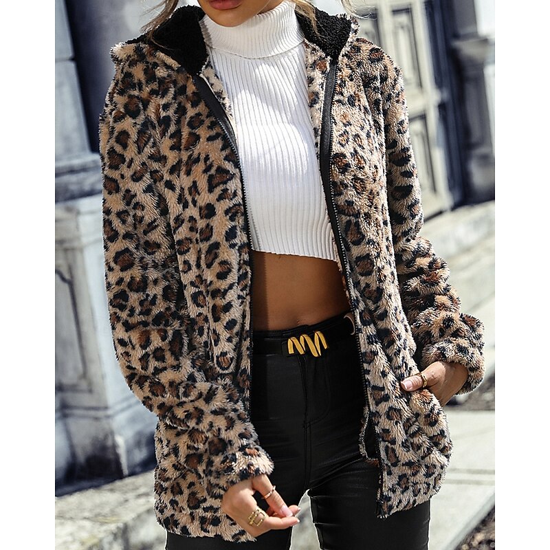 Women's Teddy Coat Hoodie Jacket Warm Comfortable Zipper Pocket Casual Leopard Vacation Casual Daily Wear Going out Regular Hooded Regular Fit Long Sleeve Outerwear Coffee Fall Winter2