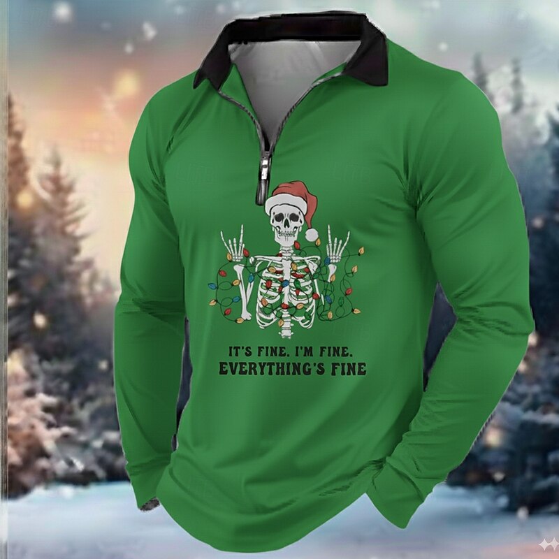 Christmas Men's Text / Number Lanterns Polo Long Sleeve Turndown Modern Leisure Athleisure Casual Daily Festival Zipper 3D Print Spring Fall Winter White Red Blue4