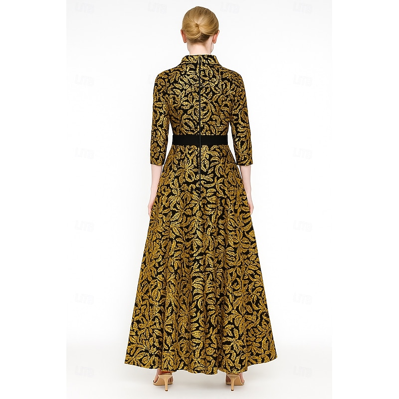 A-Line Mother of the Bride Dress Elegant Bateau Neck Floor Length Sequined Long Sleeve with Lace Sash / Ribbon2