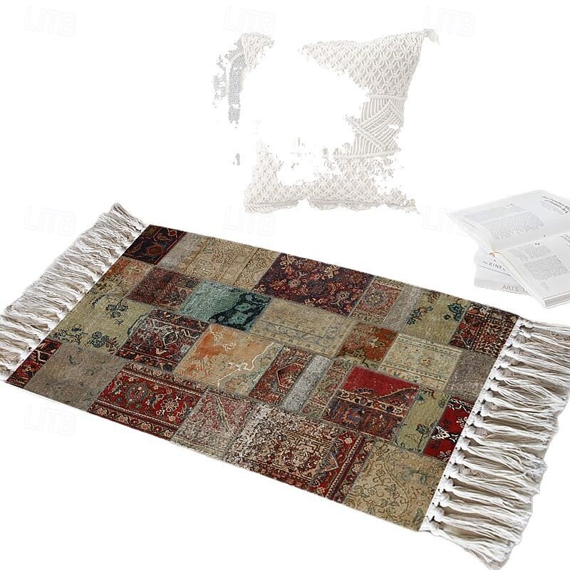 American Vintage Woven Rug Hand Knotted Tassel Floor Mat For Living Room Home Decorative Carpet Coffee Table Patchwork Area Rug Soft Durable Washable Accent Carpet2