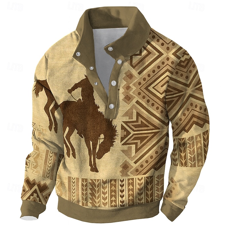 Men's Patchwork Sweatshirt Ethnic Vintage Retro High Neck Outdoor Home Sports Outdoor Blue Brown Buttons Fall Winter Designer