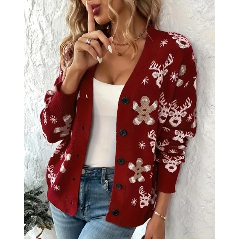 Women's Sweater Cardigan Streetwear Casual Floral V Neck Knitted Print Long Sleeve Regular Tops Knit Christmas Daily Holiday Red Fall Winter