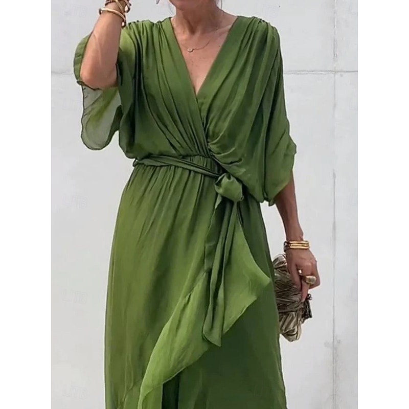 Women's Maxi Dress A Line Dress Casual Daily Regular Fit Plain 3/4 Length Sleeve V Neck Black Blue Orange Green Spring Fall3