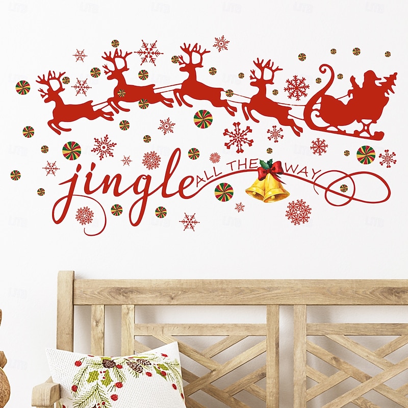 Christmas Sticker Wall Decals Creative Santa Claus Reindeer Colorful Ball Snowflake Removable Vinyl Mural Holiday Party Bedroom Living Room Study Background Wall Decoration For Home2