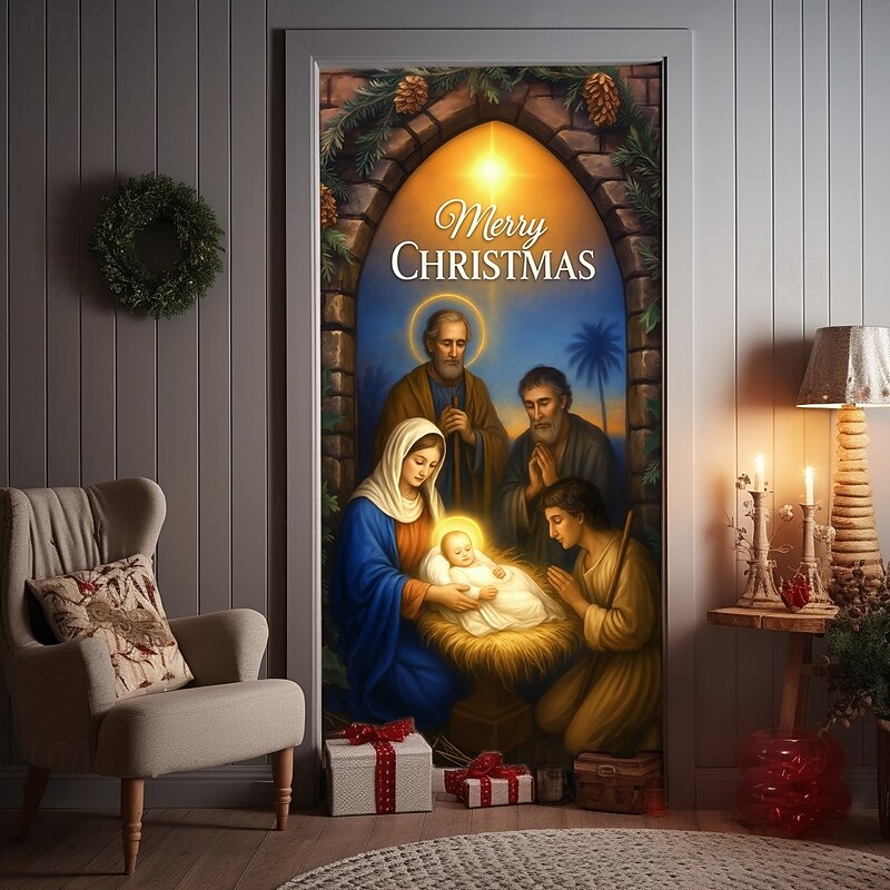 Christmas Door Cover, Nativity Scene Holy Family Religious Door Curtain Backdrop for 2025 Xmas Church, Party, Porch and Home Holiday Decorations3