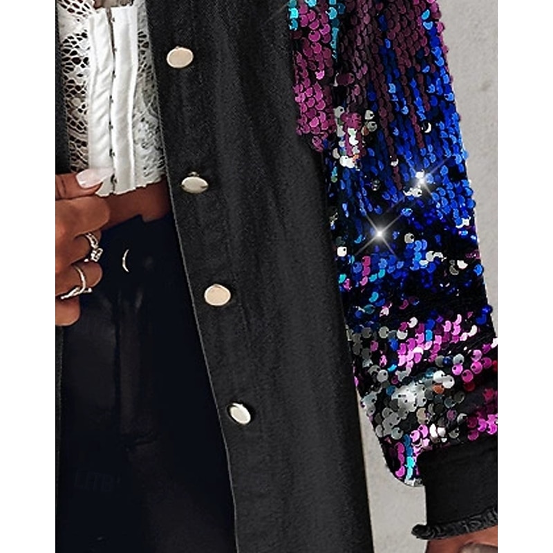 Women's Casual Jacket Comfortable Breathable Pocket Buttons Casual Color Block Vacation Street Casual Daily Wear Single Breasted Short Turndown Regular Fit Long Sleeve Outerwear Black Spring Fall2