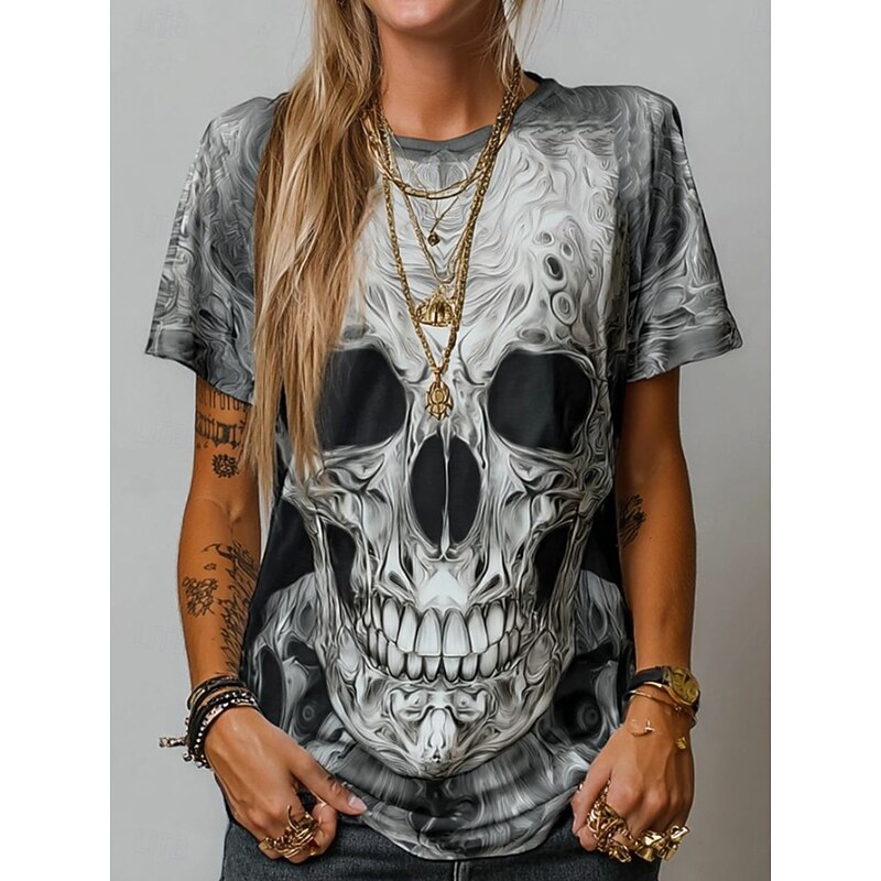 Halloween Women's T Shirt Skulls Graphic Vintage Stylish Classic Short Sleeve Crew Neck Regular Tops Daily Weekend Print Gray Fall Winter