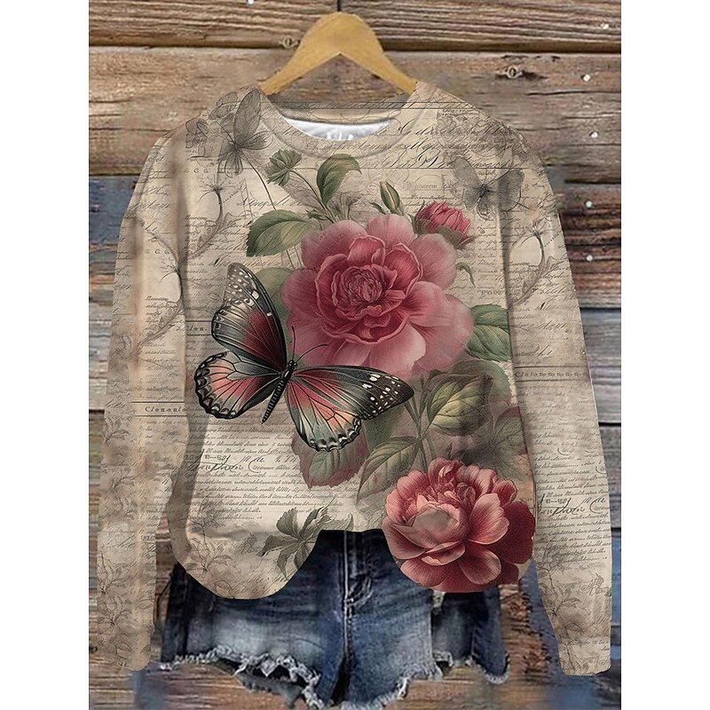 Women's Sweatshirts Floral Graphic Vintage Casual Long Sleeve Crew Neck Regular Tops Street Dailywear Casual Print Yellow Blue Purple Khaki Spring Fall Winter4