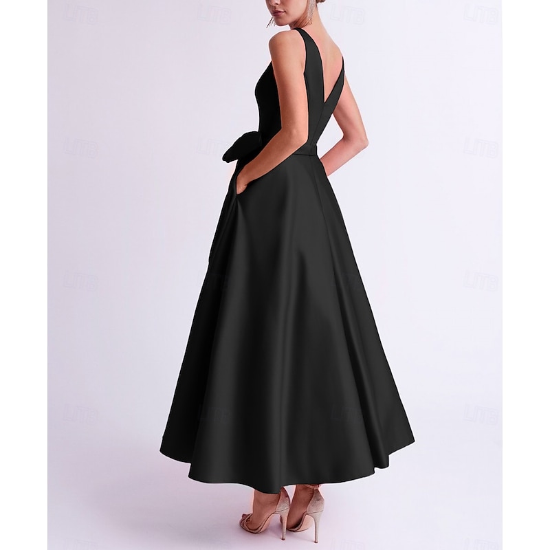 Beach Wedding A-Line Cocktail Dresses Elegant Dress Wedding Guest Kentucky Tea Length Sleeveless V Neck Pocket Satin with Bow(s) Dresses2