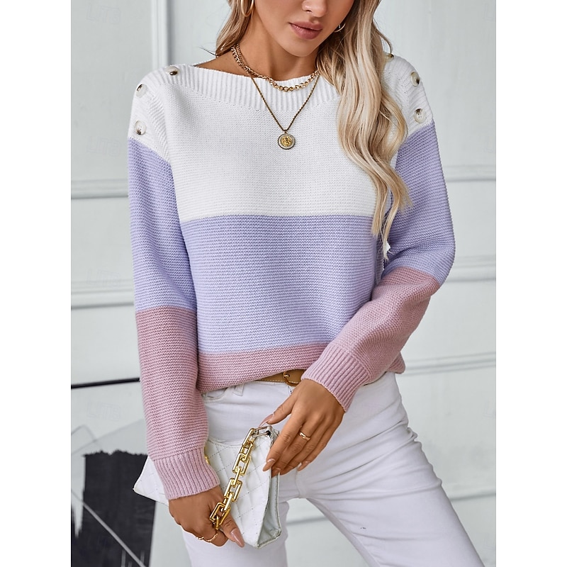 Women's Sweater Casual Soft Striped Ribbed Crew Neck Knitted Textured Long Sleeve Regular Tops Knit Outdoor Daily Weekend Purple Brown Fall Winter4