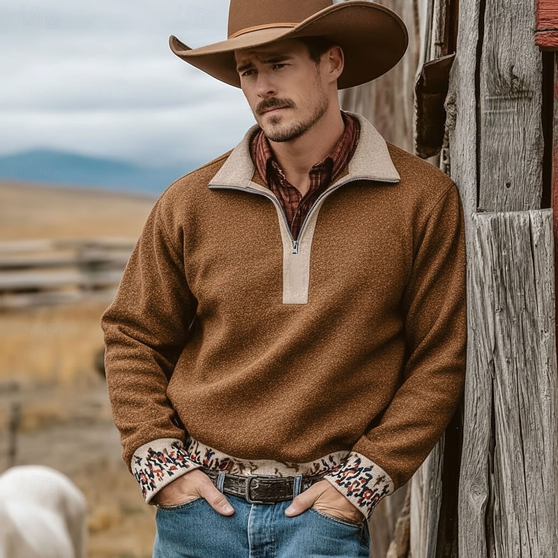 Men's Tribal Cowboy Sweatshirt Ethnic Vintage Retro Stand Collar Outdoor Work Gift Blue Brown Zipper Fall Winter Designer3