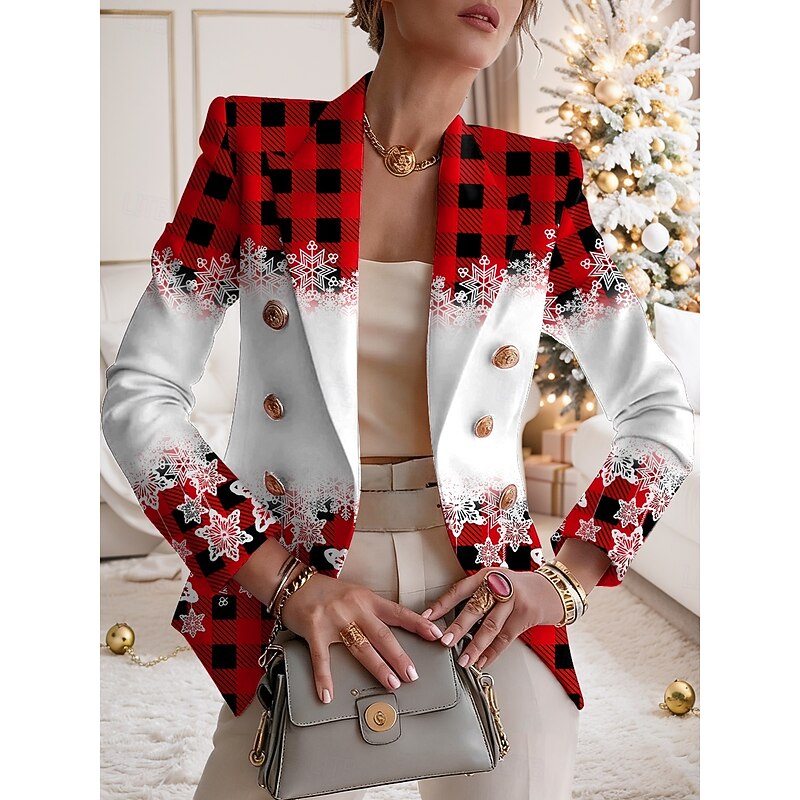 Women's Blazer Comfortable Breathable Buttons Print Fashion Casual Plaid Street Casual Daily Wear Double Breasted Regular Notch Lapel Regular Fit Long Sleeve Outerwear Red Blue Purple Fall Winter