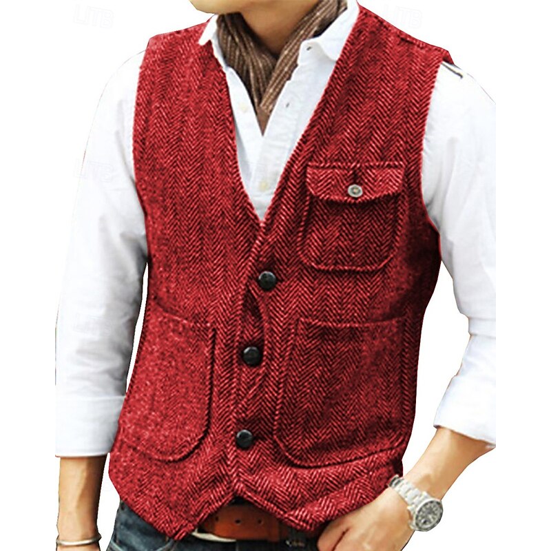 Men's Vest Waistcoat Gilet Vacation Party Business Fashion Casual Spring Fall Pocket Buttons Polyester Comfortable Plain Single Breasted One-button V Neck Regular Fit Silver Black Champagne Wine Vest4